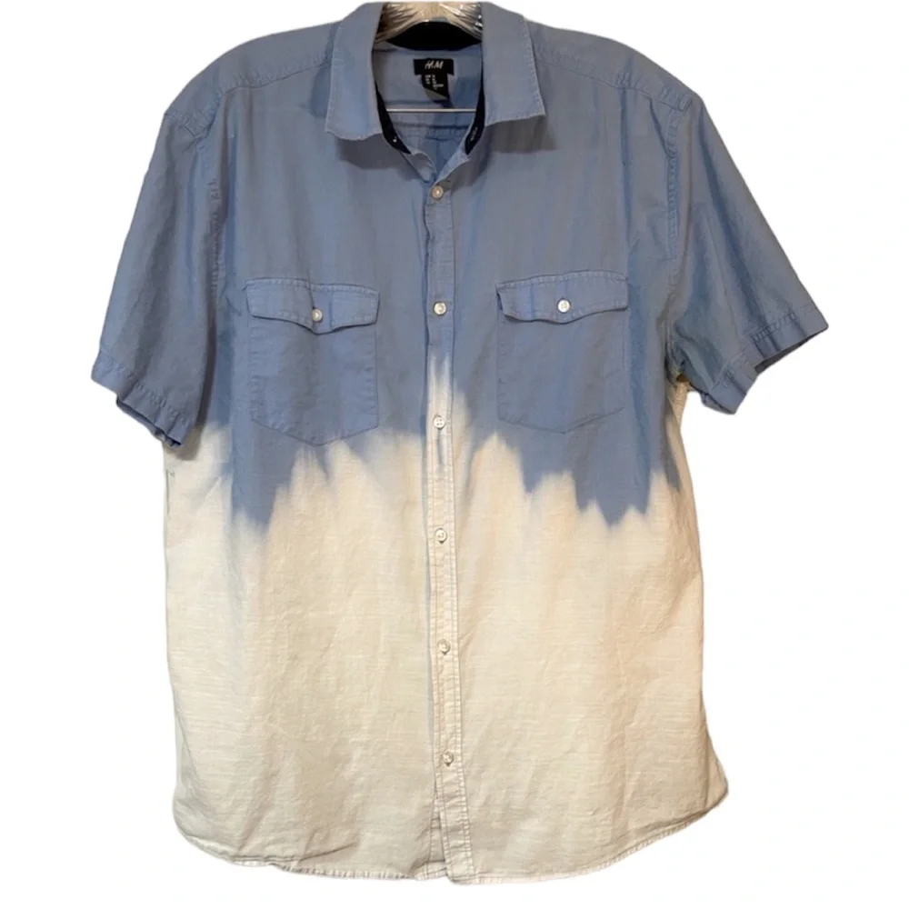 H & M Blue Short Sleeve Button Up Blue & White Tie Dye Shirt Size XL - Picture 1 of 6